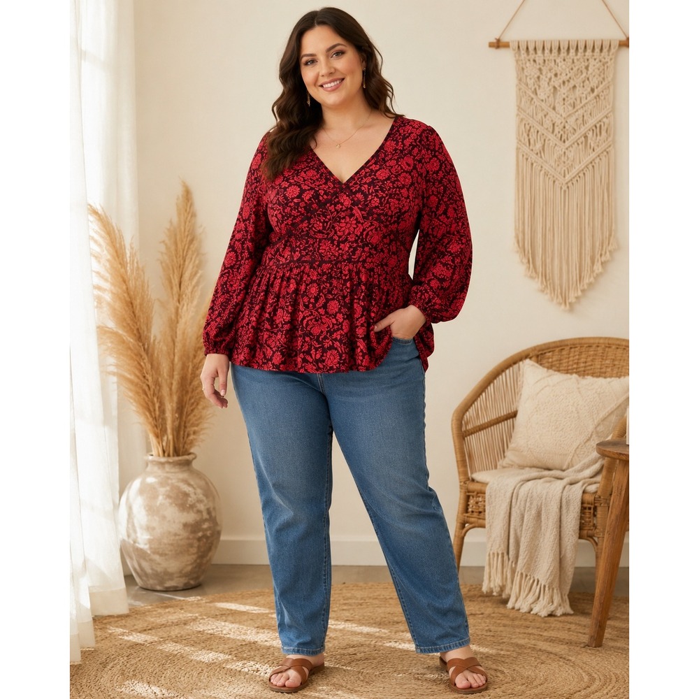 464. Knox Rose  Boho Red Floral Peplum Top V-Neck Smocked Back Metallic Accents